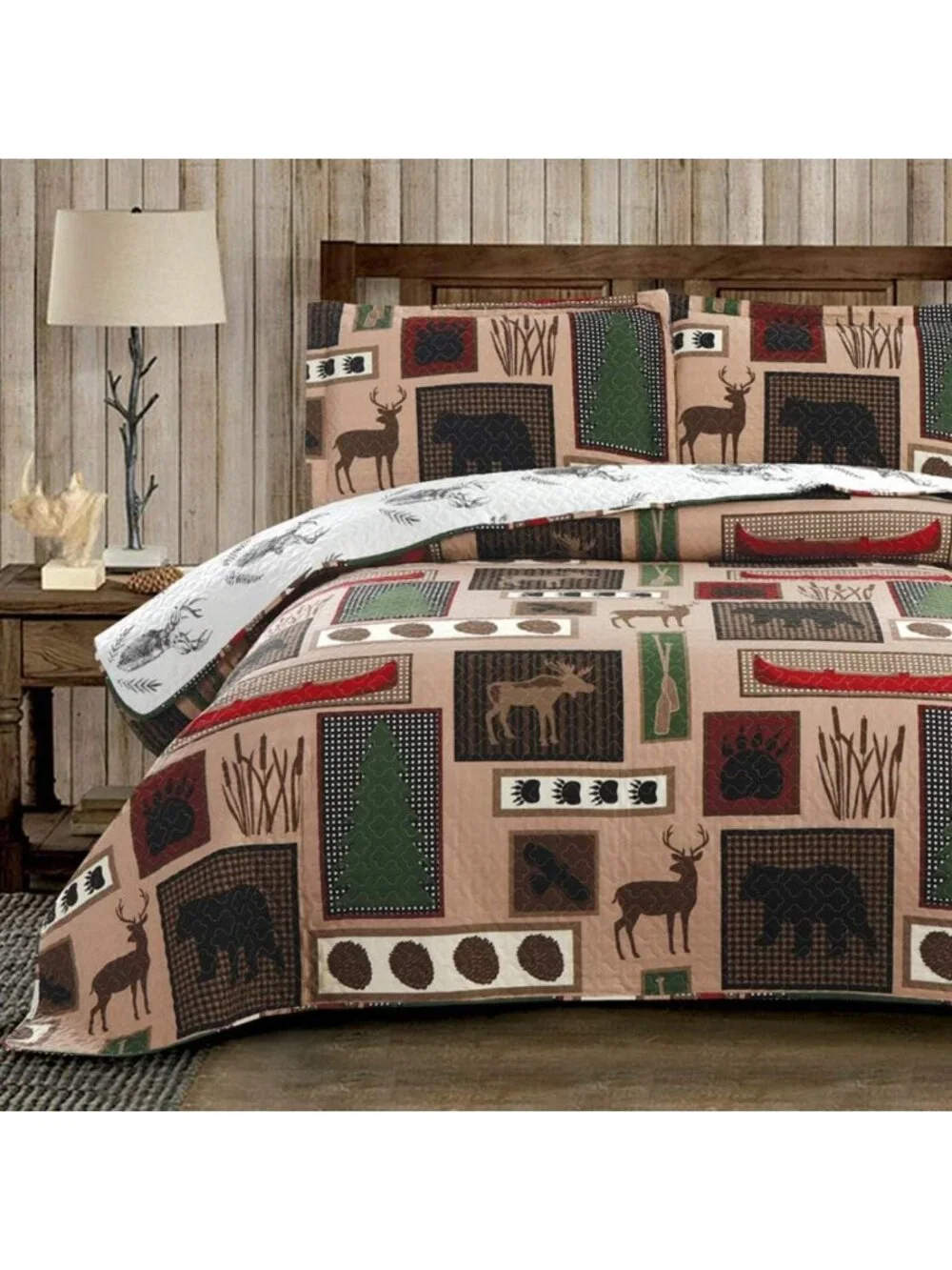 Reversible Rustic Lodge Quilt Set King Size - Moose Bear Cabin Bedding, 3 Pcs